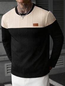 EGENSIO Men's Autumn Textured Jacquard Fabric Casual Color-Block Patchwork T-Shirt - Black - View 7
