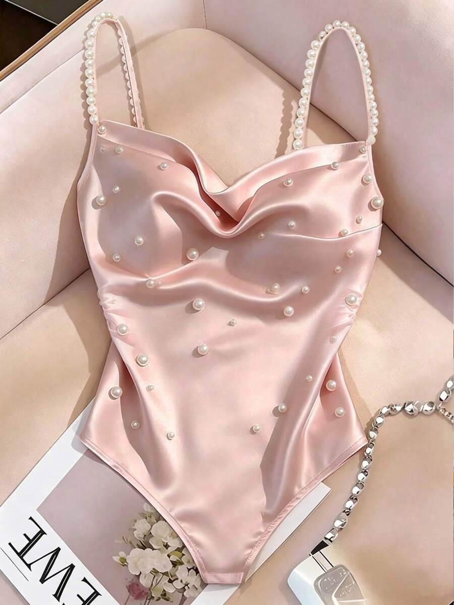 Franclia 女士甜美缎面仿珍珠装饰褶皱吊带连体衣 - 粉色 - 查看 1