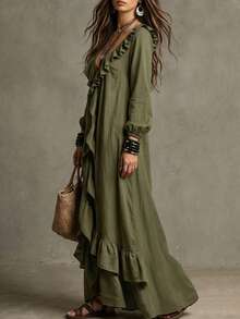 SHEIN Women's Loose Fit Long Dress With Ruffle Front Design - Green - View 3