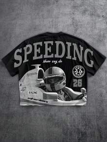 Manfinity ZONE917 方正短版寬鬆做舊 F1 賽車手 #26 獎盃 Logo 英文印花短袖 T 恤，街頭風，送給朋友的禮物（高品質） - 黑色 - 查看 1