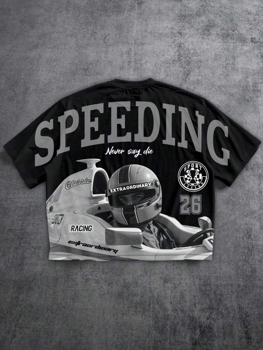 Manfinity ZONE917 方正短版寬鬆做舊 F1 賽車手 #26 獎盃 Logo 英文印花短袖 T 恤,街頭風,送給朋友的禮物(高品質) - 黑色 - 查看 1