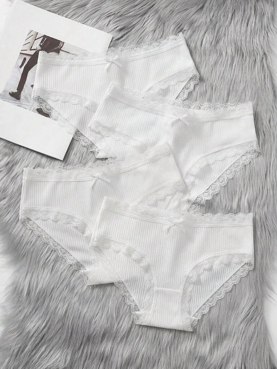 SHEIN 4 cái/gói quần lót bé gái đi học tuổi teen dễ thương mùa hè, viền ren, trang trí nơ, cạp chun, phối màu đa sắc, vải polyester thoáng khí cho bé trai - Nhiều màu - Xem 1
