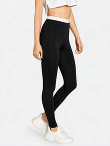 SHEIN BASICS 女款拼色高腰日常健身緊身褲 - 黑色 - 查看 10