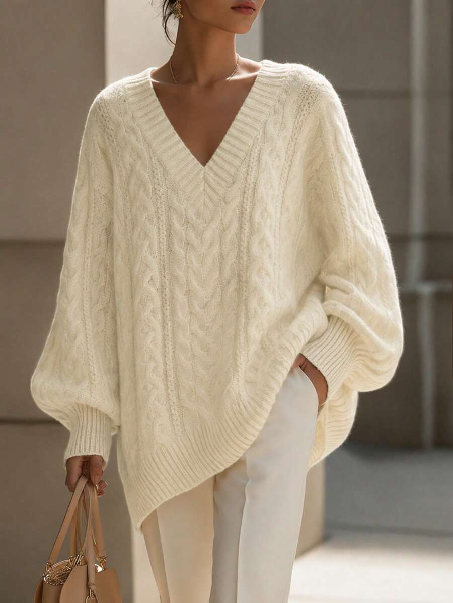 Franclia Sweater Pullover Rajut Tebal Leher V dengan Desain Longgar, Lembut, dan Manis Warna Pink Baru untuk Wanita, Serbaguna untuk Musim Gugur/Dingin - Aprikot - View 1