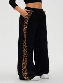 Easura Celana Panjang Kasual Ukuran Besar Streetwear Motif Leopard dengan Panel Samping dan Potongan Lebar untuk Musim Dingin - Hitam - View 7