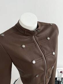 Elamini Jaket Motor Pendek Gaya Retro Wanita - Coklat - View 1