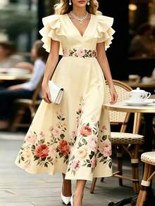 Balvessa Commuter Fashion Elegant Long Multi-Layer Ruffle Dress - Pale Yellow - View 5