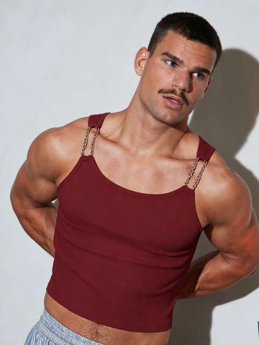 FeverCity Men's Cotton Ribbed Slim Fit Sexy Charming White Tank Top - Burgundy - View 1