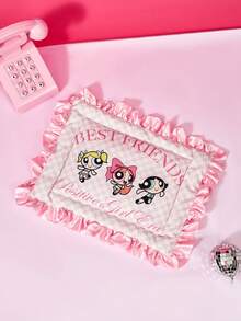THE POWERPUFF GIRLS X PETSIN 1pc Pink Big Eyed Girl Good Friend Pink Checkered Letter Printed Pet Bed Soft And Comfortable Anti Slip Ruffled Edge Pet Bed - Multicolor - View 2