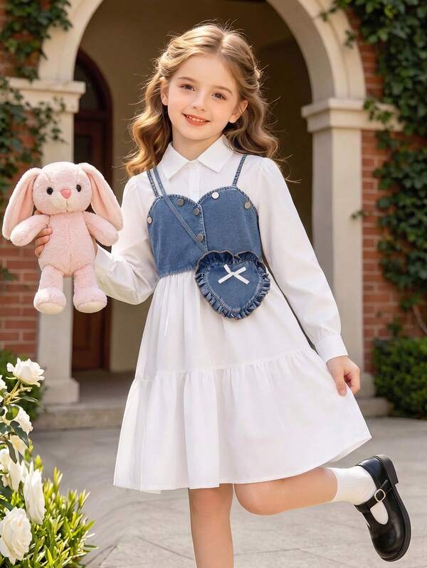 Tween Girls' Spring/Summer Long Sleeve White Woven Dress With Denim Fabric Vest Detail, Fashionable For Commuting, Daily Wear And Vacation