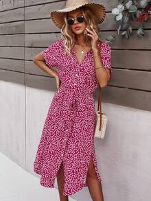 SHEIN Holidaya Ditsy Floral Tie Front Button Through Dress - Red Violet - View 7