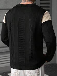 EGENSIO Men's Autumn Textured Jacquard Fabric Casual Color-Block Patchwork T-Shirt - Black - View 2