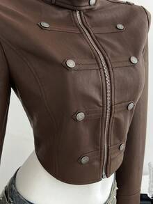 Elamini Jaket Motor Pendek Gaya Retro Wanita - Coklat - View 4