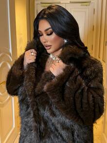 NU&NOW Plus Size Women's Elegant Commuter Style Dark Coffee Brown Long Sleeve Loose Lapel Coat, Faux Fur Jacket For Work Office, Winter Autumn - Coffee Brown - View 2