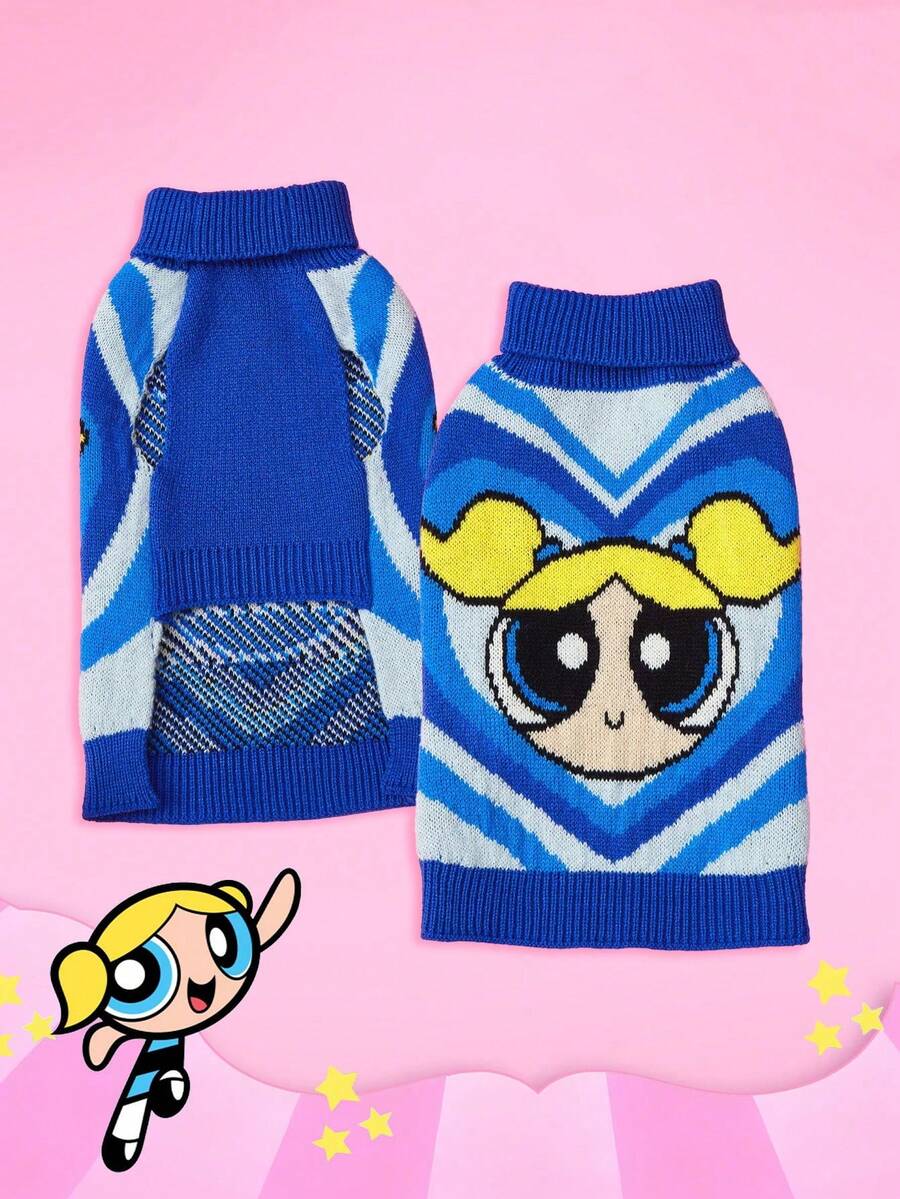 THE POWERPUFF GIRLS X PETSIN 1件藍色愛心可愛卡通提花高領寵物毛衣,超彈力保暖,讓貓狗舒適有型,柔軟透氣面料,防跳蚤、不易掉毛,適合室內依偎或戶外散步 - 藍色 - 查看 1