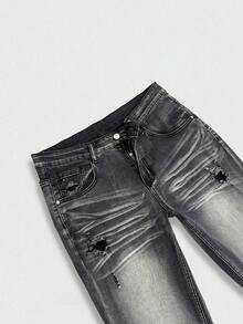 Manfinity Roghcode Men's American Vintage Niche Washed Horseshoe Denim Jeans Slim Fit Stretch Flared Leg Long Pants - Black - View 7