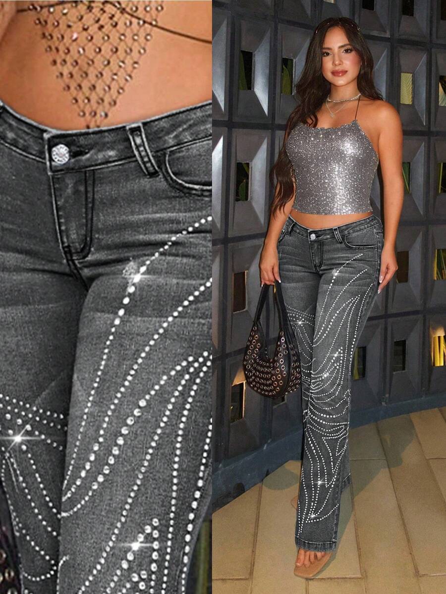 SHEIN Unity Women's Low Waist Slim Fit Rhinestone Embellished Pocket Fashionable Jeans - Light Grey - View 1