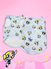 THE POWERPUFF GIRLS X PETSIN 1件可愛大眼女孩花朵與情書印花寵物背心，親膚透氣，休閒風格，防蚤、減少掉毛、耐熱，讓您的貓或狗舒適可愛，適合室內或室外日常穿著 - 彩色 - 查看 5
