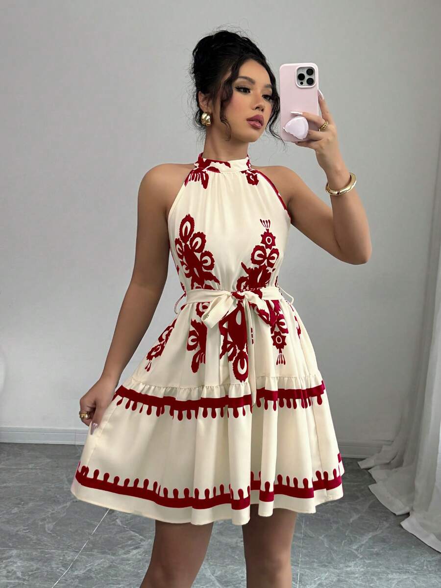 Elenzga Abito casual da donna con stampa floreale, scollo all'americana e laccio in vita - Bordò - Visualizzare 1