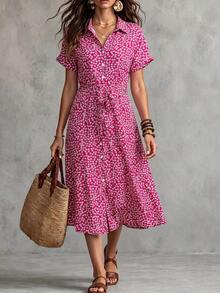 SHEIN Holidaya Ditsy Floral Tie Front Button Through Dress - Red Violet - View 3
