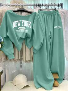 Resyla 女款 2 件式休閒居家套裝，斜領長袖運動衫與長褲，字母 New York 印花，薄荷綠 Brooklyn 印花套裝，優雅舒適設計，適合日常穿著與運動 - 薄荷綠 - 查看 3