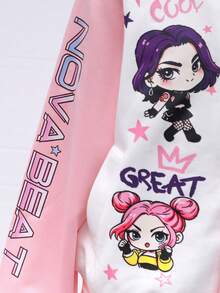 SHEIN Girls' Casual Fashion Spring/Autumn Colorful 3D Floral Contrast Color Baseball Jacket - Pink - View 6