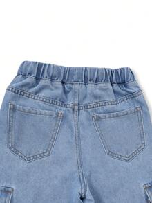 Celana Jeans Denim Saku Kargo Pinggang Tali Serut untuk Anak Laki-Laki Remaja - Medium Wash - View 7