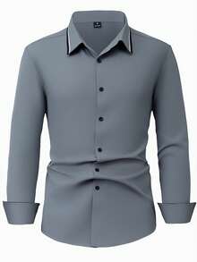 Manfinity Mode Camisa de manga larga para hombre de color gris oscuro con contraste, cuello de solapa, botones regulares, estilo de negocios y de oficina - Gris Oscuro - Ver 3