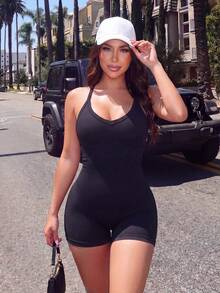 SHEIN Dewbera 女款純色休閒日常戶外運動掛脖連身褲 - 黑色 - 查看 4