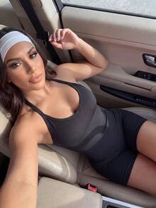 SHEIN Dewbera 女款純色休閒日常戶外運動掛脖連身褲 - 黑色 - 查看 5