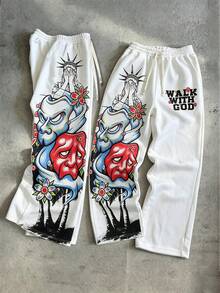ROMWE MEN Goth Men's Letter Print Drawstring Waist Casual Loose Sweatpants - White - View 2