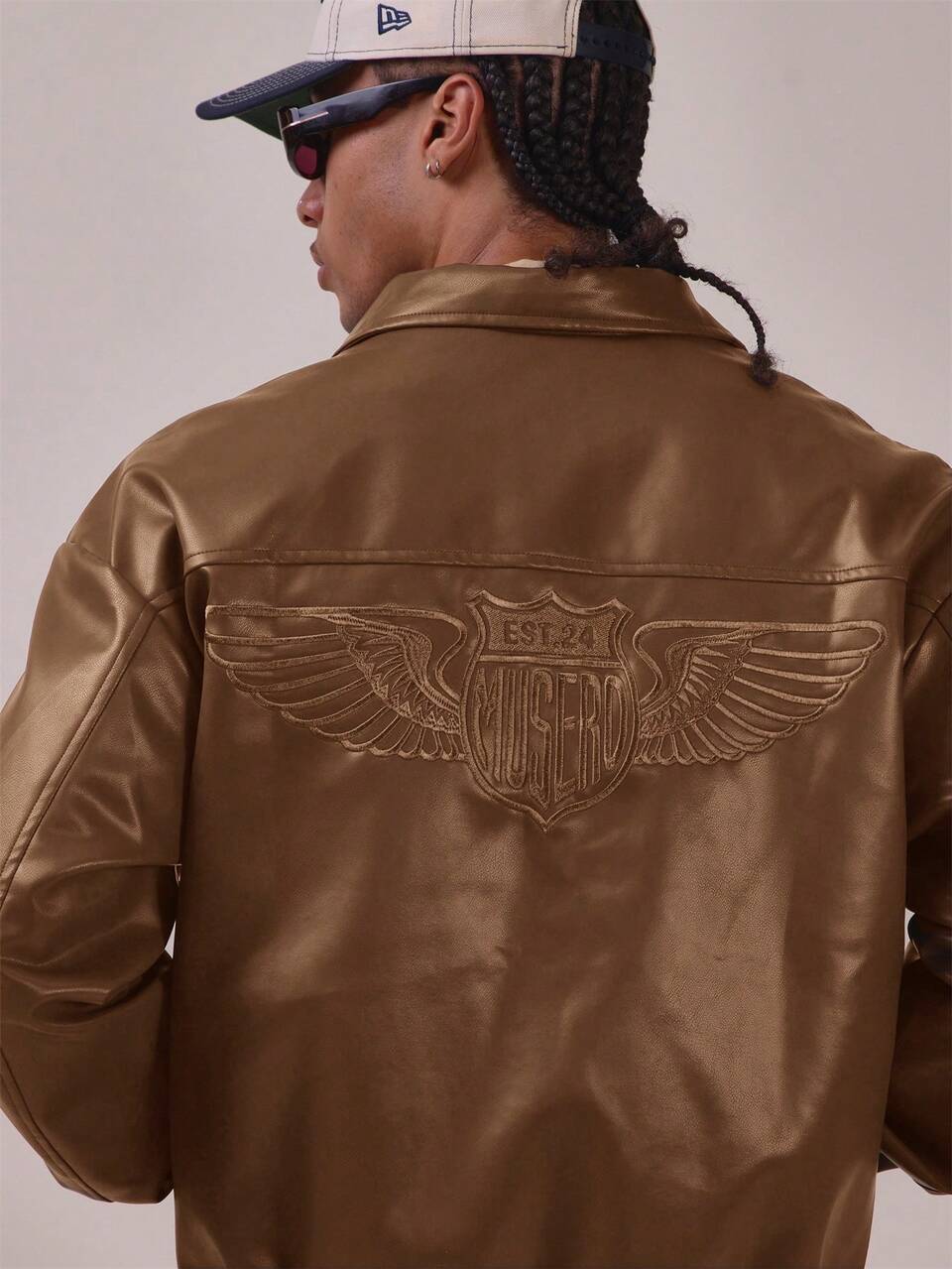 Oversized Collared P.U Jacket With Large Back Embroidery And Zip Guared