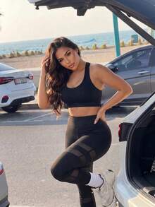 SHEIN Sports Women's Plus Size Mesh Patchwork Casual Daily Travel Sports Leggings - Black - View 4