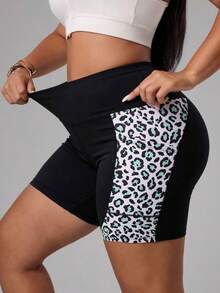 Gameset SHEIN Sport Women's Plus Size Leopard Print Patchwork Sports Shorts - Black - View 3