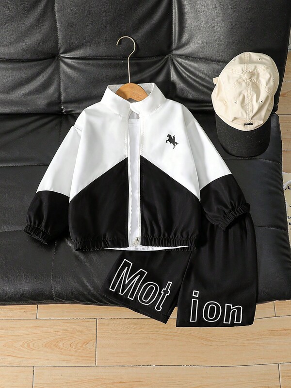 SHEIN Coolqubz Young Boy Knight Print Long Sleeve Jacket And Shorts Casual Set
