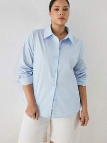 YARNWELL Plus Size Women's Solid Color Long Sleeve Casual Shirt, Summer Outing , Vacation Wear Fall - Blue - View 6