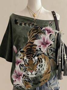 Lalippa Tiger Pattern Digital Print Fashionable Minimalist Women's Round Neck T-Shirt, Gift For Friends - Multicolor - View 3