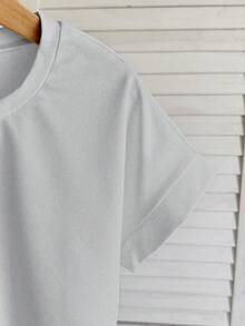 SHEIN 青少年女孩休閒純色寬鬆圓領捲袖短袖短版T恤 - 灰色 - 查看 6