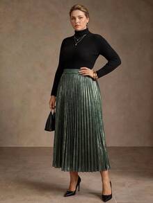 MOTF PREMIUM PLUS SIZE WOMEN'S ELEGANT ELASTIC WAIST PLEATED SKIRT, SPRING/SUMMER 2026 - Dark Grey - View 4