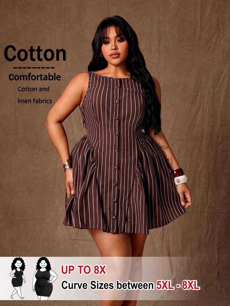 SHEIN CURVE+ 大码女士棕色条纹纽扣荷叶边下摆无袖开襟迷你连衣裙,适合工作、优雅性感、时尚、正式场合、春季、夏季、外出、度假,展现迷人优雅气质,假日必备春夏连衣裙 - 彩色 - 查看 1