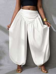 BamGlimmer Women's Solid Color High Waist Pleated Wide Leg Loose Cuffed Long Pants - White - View 7