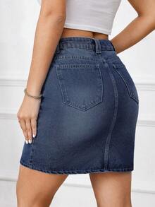 SHEIN Tall 女款休閒中腰牛仔迷你裙，附口袋 - 深色水洗藍 - 查看 2
