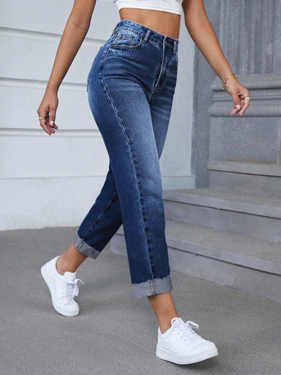 Flexra Casual Washed High Waist Denim Jeans - Dark Wash - View 1