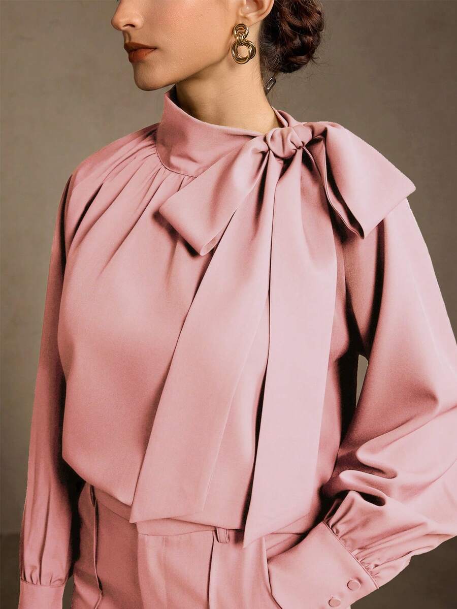 MOTF WOMEN'S PREMIUM OVERSIZED BOW TIE RUCHED LANTERN SLEEVE BLOUSE - Pink - View 2