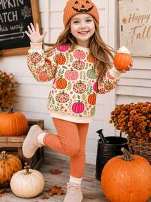 Pumpkin Apricot Orange, Cute Pastoral Colorful Pumpkin Floral Illustration Print, Young Girl Casual Minimalist Loose Crew Neck Sweatshirt & Casual Pants Set, Suitable For Autumn/Winter Daily, Farm, Halloween, Thanksgiving, Cozy Vibes, Fall Vibes - Multicolor - View 5