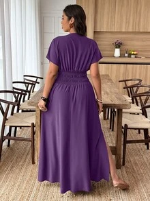 Weeklong Vestido de moda con cintura ceñida, mangas cortas fruncidas y abertura en el bajo, en unicolor, talla grande - Morado - Ver 2