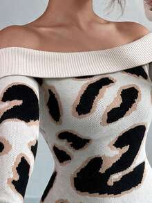 Elenzga Elegant Off-Shoulder Leopard Print Long Sleeve Ruffle Hem Sweater Dress For Women - Multicolor - View 6