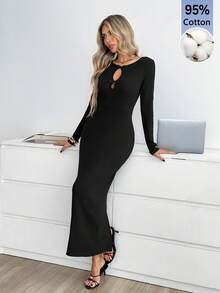 Easowa Women's Elegant Solid Color Hollow Out Slim Fit Dress Cotton Cocktail Dinner Date Bar Party Black Autumn - Black - View 5