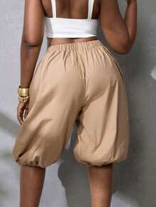 Zolique Women's Fashionable Retro Hip Hop Khaki Elastic Waist Wide Leg Capri Shorts - Khaki - View 2
