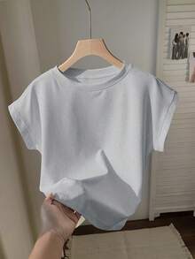 SHEIN 青少年女孩休閒純色寬鬆圓領捲袖短袖短版T恤 - 灰色 - 查看 9